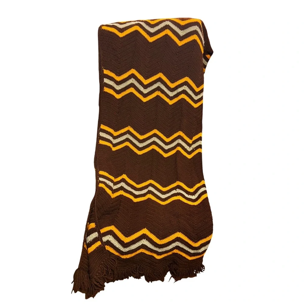 Handmade Crochet Throw Blanket Brown Orange Cream Excellent Retro 70s Chevron‎